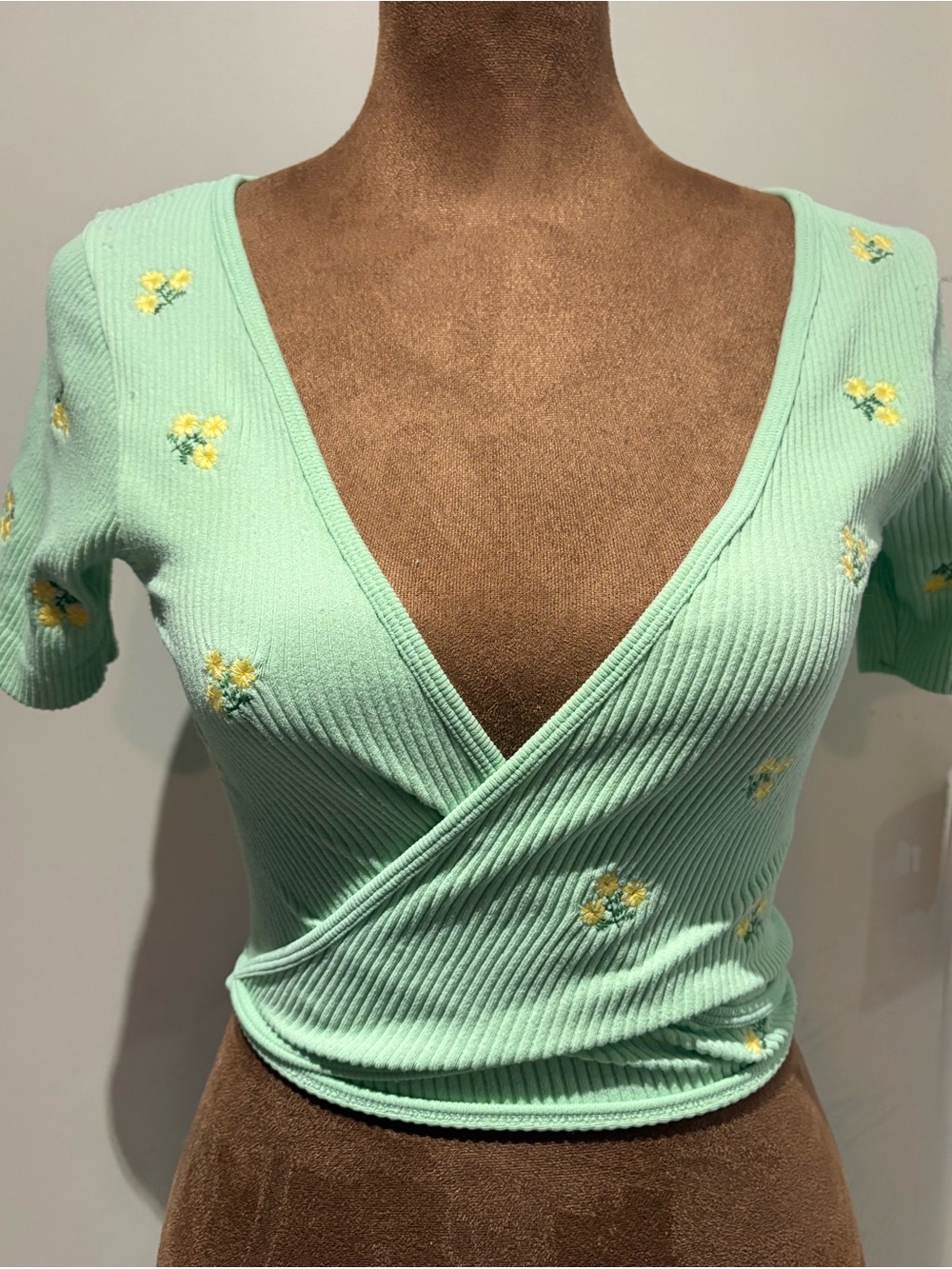 Zara Mint Ribbed Wrap Crop Top with Yellow Floral Embroidery